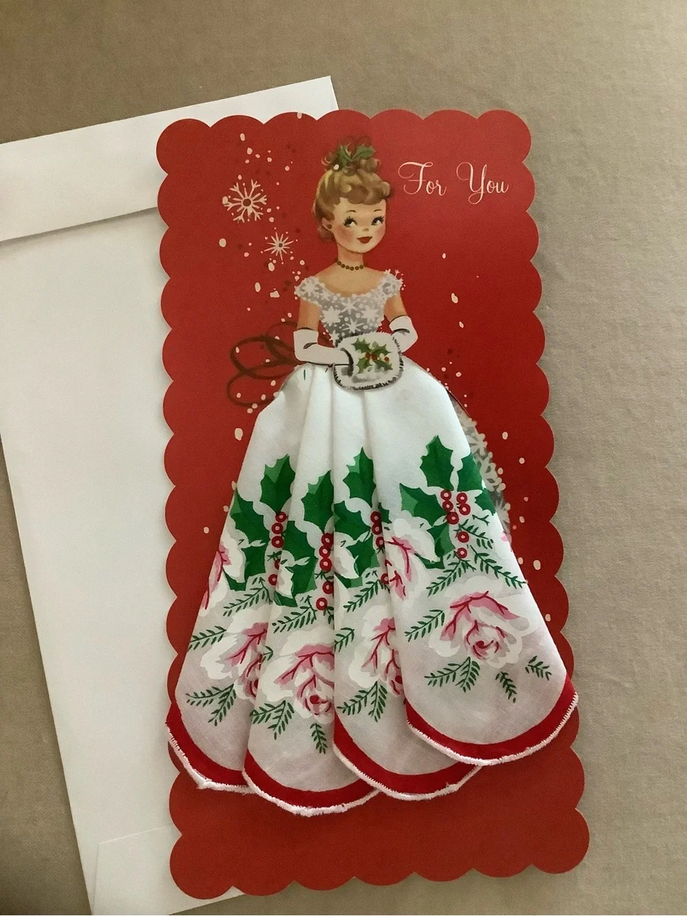 Vintage Holiday Doll Greeting Card - Red, White & Green